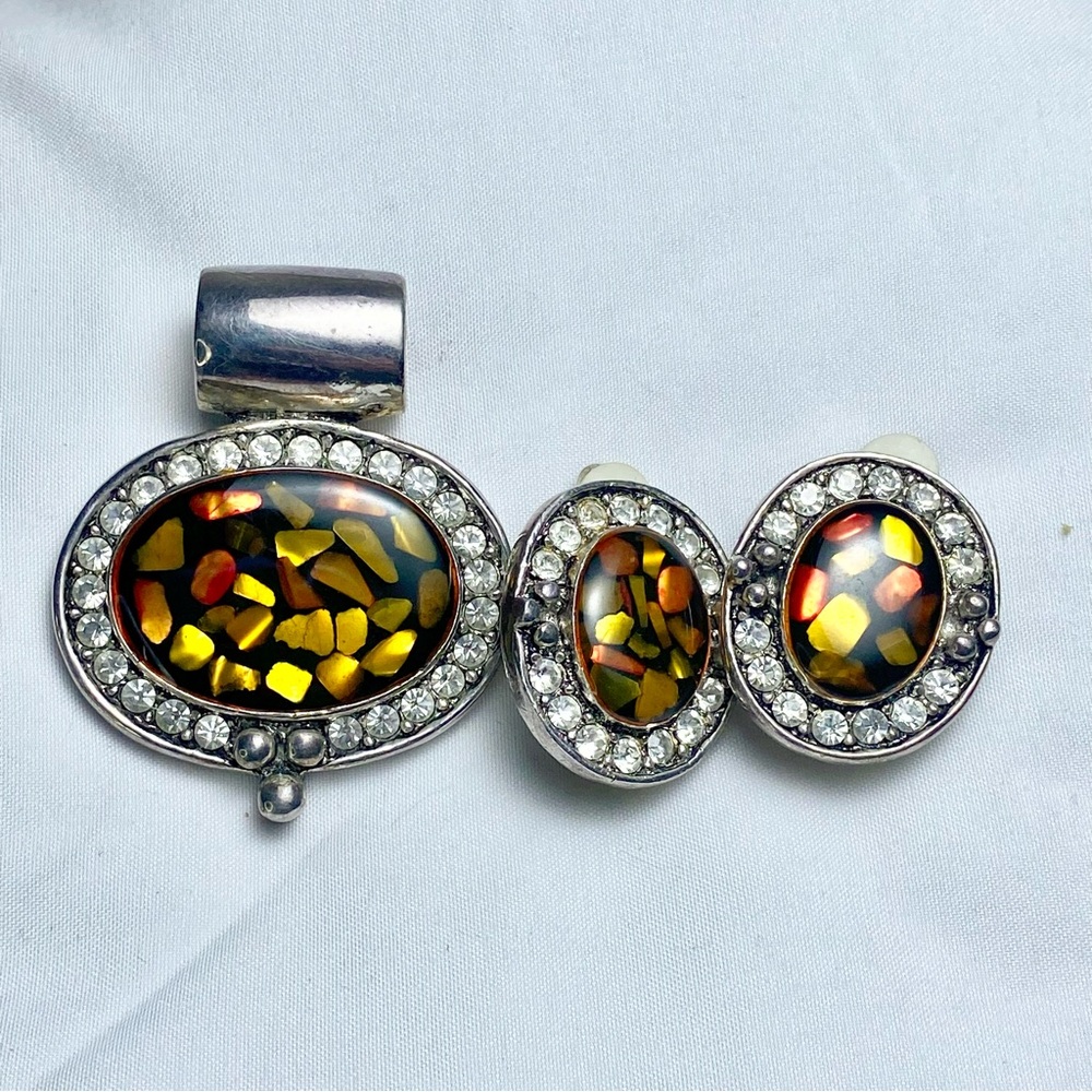 Vintage Amber Mosaic Pendant Necklace & Matching Clip-On Earrings Set